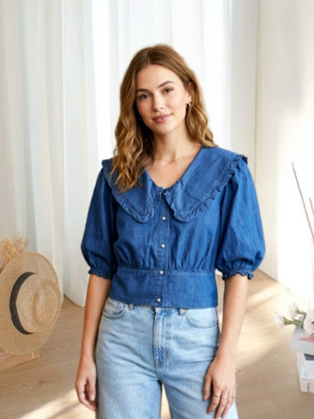 New Look Blue Ruffle-Collar Button Front Denim Top - Picture 3 of 9